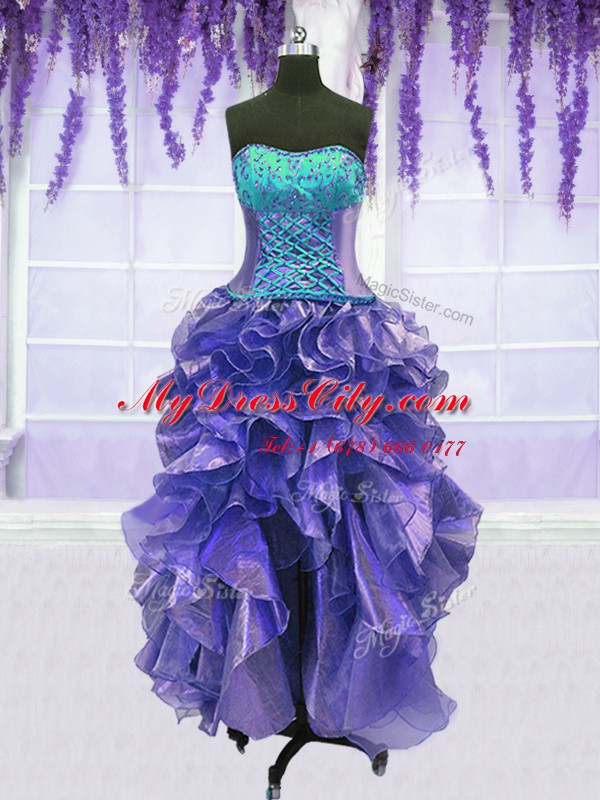 Exquisite Four Piece Lavender Ball Gowns Organza Strapless Sleeveless Embroidery and Ruffles Floor Length Lace Up Sweet 16 Dresses