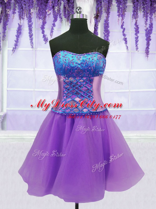 Exquisite Four Piece Lavender Ball Gowns Organza Strapless Sleeveless Embroidery and Ruffles Floor Length Lace Up Sweet 16 Dresses