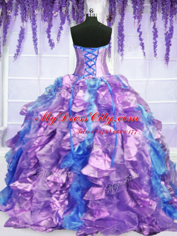 Exquisite Four Piece Lavender Ball Gowns Organza Strapless Sleeveless Embroidery and Ruffles Floor Length Lace Up Sweet 16 Dresses