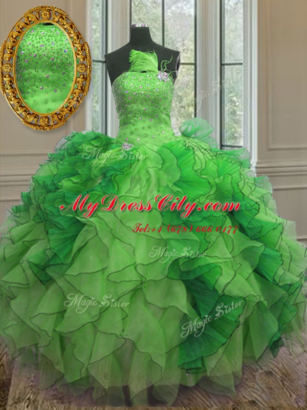 Strapless Sleeveless Lace Up Sweet 16 Dress Green Organza