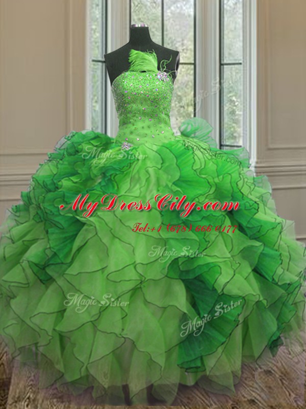 Strapless Sleeveless Lace Up Sweet 16 Dress Green Organza