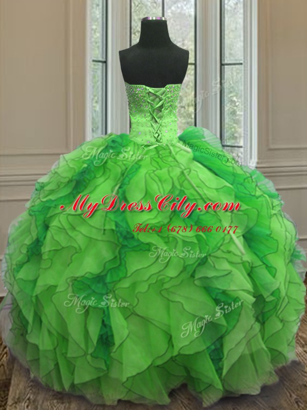 Strapless Sleeveless Lace Up Sweet 16 Dress Green Organza