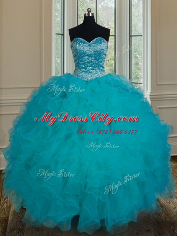 Teal Ball Gowns Tulle Sweetheart Sleeveless Beading and Ruffles Floor Length Lace Up Sweet 16 Quinceanera Dress