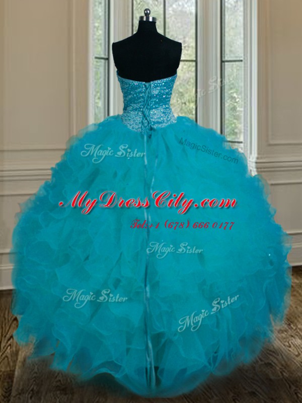 Teal Ball Gowns Tulle Sweetheart Sleeveless Beading and Ruffles Floor Length Lace Up Sweet 16 Quinceanera Dress