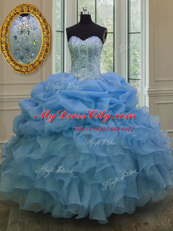 Pick Ups Ball Gowns Sweet 16 Quinceanera Dress Blue Sweetheart Organza Sleeveless Floor Length Lace Up