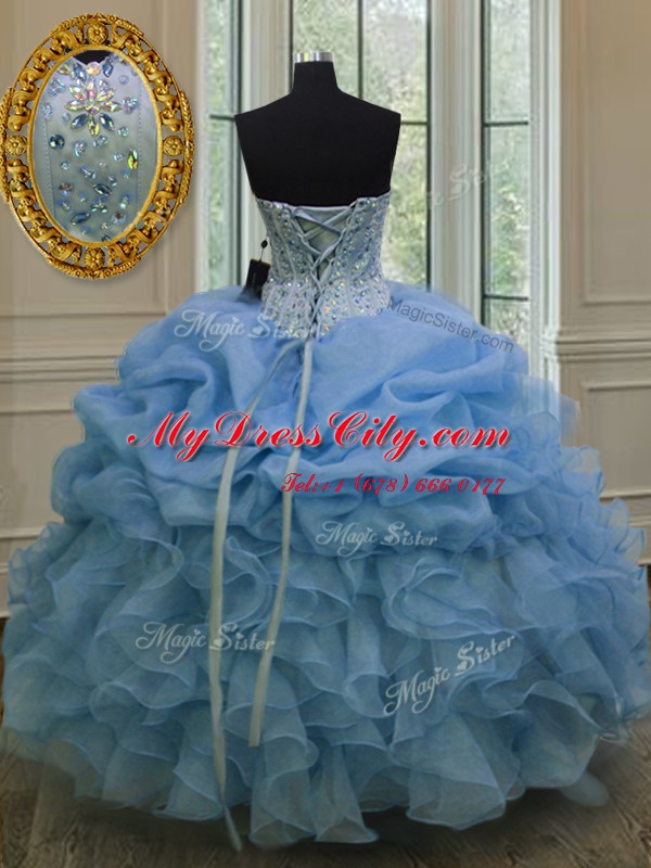 Pick Ups Ball Gowns Sweet 16 Quinceanera Dress Blue Sweetheart Organza Sleeveless Floor Length Lace Up