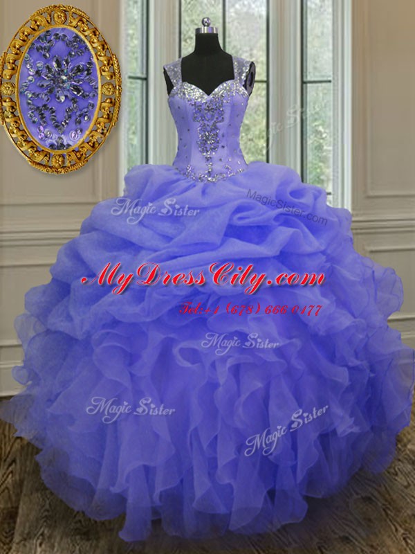 Blue Quinceanera Dresses Military Ball and Sweet 16 and Quinceanera and For with Beading and Ruffles Straps Sleeveless Zipper