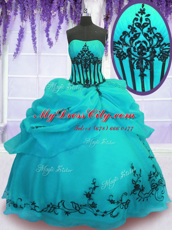 New Arrival Sleeveless Organza Floor Length Lace Up Vestidos de Quinceanera in Turquoise with Embroidery