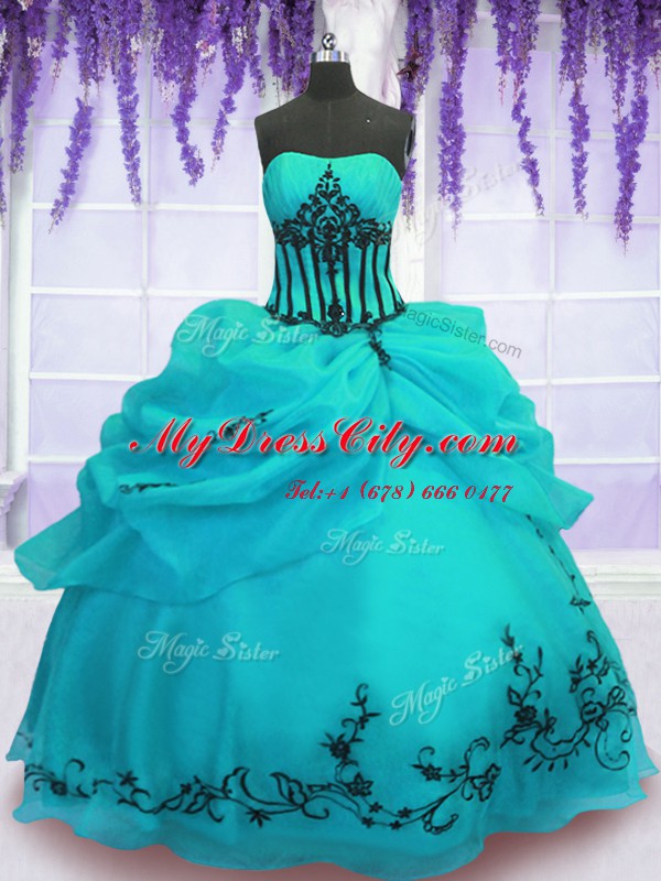 New Arrival Sleeveless Organza Floor Length Lace Up Vestidos de Quinceanera in Turquoise with Embroidery