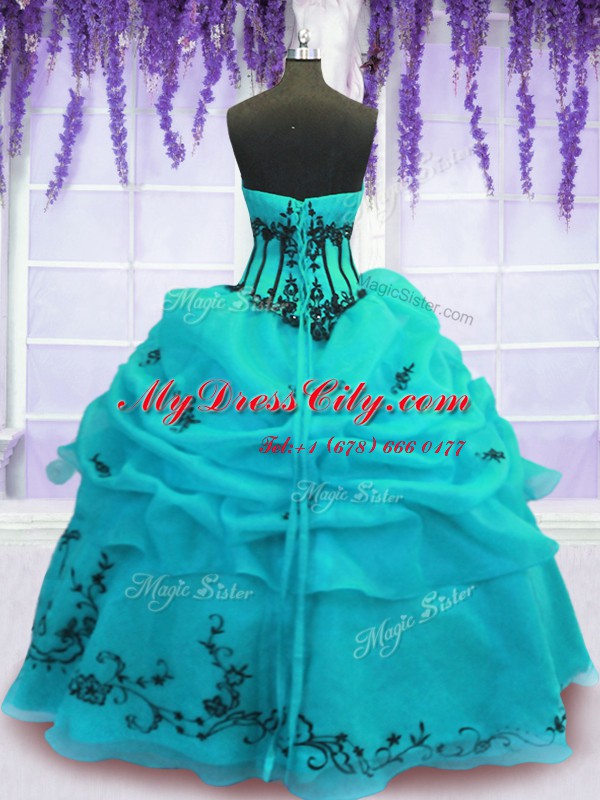 New Arrival Sleeveless Organza Floor Length Lace Up Vestidos de Quinceanera in Turquoise with Embroidery