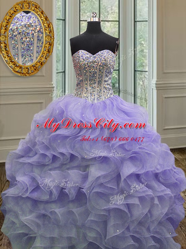 Sleeveless Organza Floor Length Lace Up Quinceanera Gowns in Lavender with Beading and Ruffles