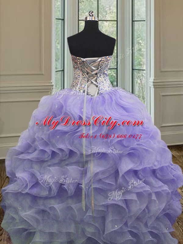 Sleeveless Organza Floor Length Lace Up Quinceanera Gowns in Lavender with Beading and Ruffles