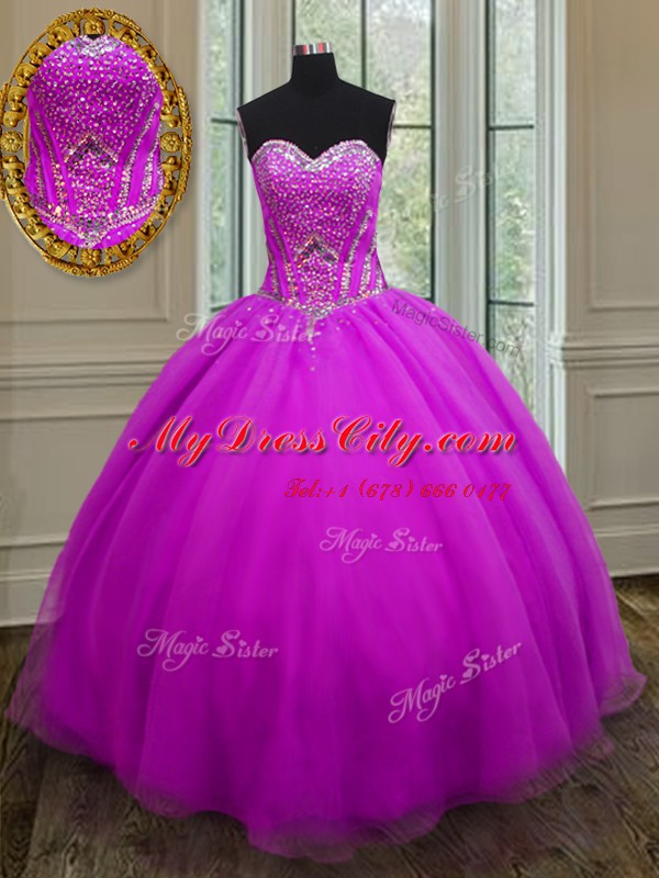 Sweetheart Sleeveless Quinceanera Dress Floor Length Beading Purple Organza