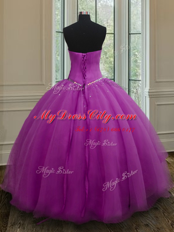 Sweetheart Sleeveless Quinceanera Dress Floor Length Beading Purple Organza