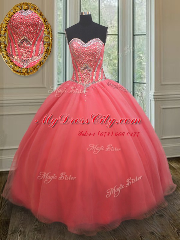 Watermelon Red Sweetheart Neckline Beading Sweet 16 Quinceanera Dress Sleeveless Lace Up