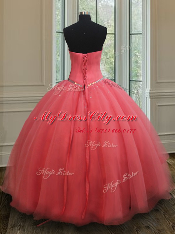 Watermelon Red Sweetheart Neckline Beading Sweet 16 Quinceanera Dress Sleeveless Lace Up