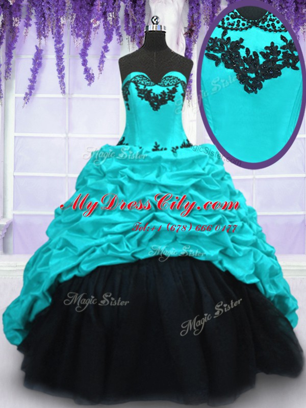 Ideal Aqua Blue Ball Gowns Appliques and Pick Ups Quinceanera Gowns Lace Up Taffeta Sleeveless With Train