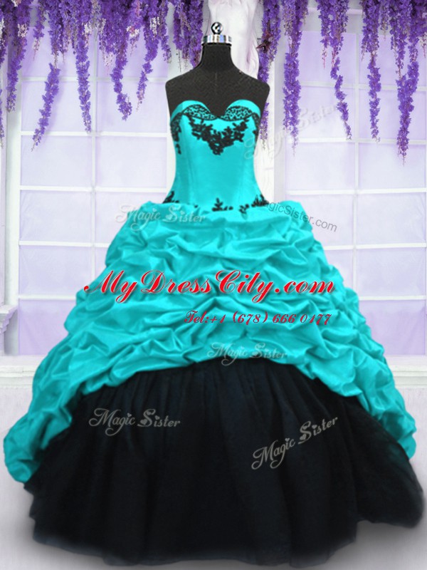 Ideal Aqua Blue Ball Gowns Appliques and Pick Ups Quinceanera Gowns Lace Up Taffeta Sleeveless With Train