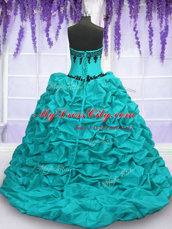 Ideal Aqua Blue Ball Gowns Appliques and Pick Ups Quinceanera Gowns Lace Up Taffeta Sleeveless With Train