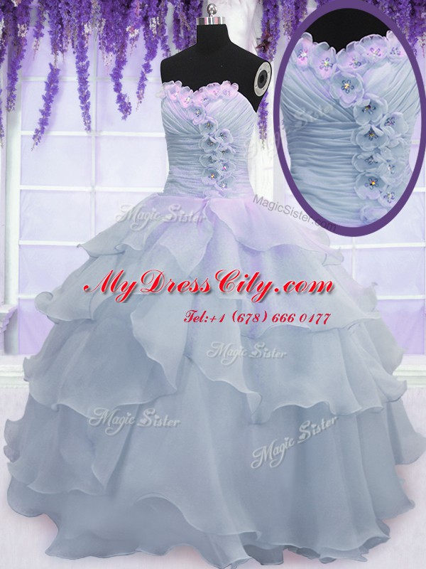 Sweetheart Sleeveless 15th Birthday Dress Floor Length Ruffled Layers and Ruching and Hand Made Flower Light Blue Organza