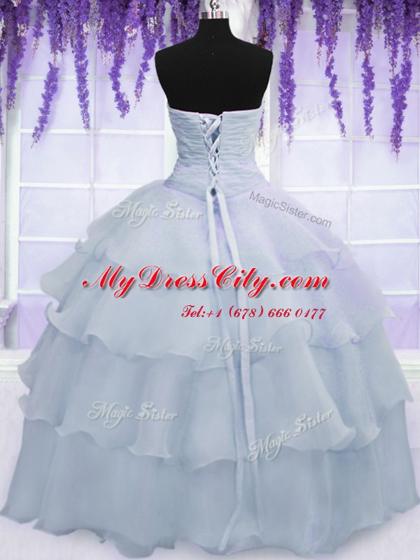 Sweetheart Sleeveless 15th Birthday Dress Floor Length Ruffled Layers and Ruching and Hand Made Flower Light Blue Organza