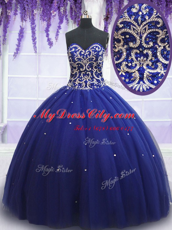 Custom Design Beading Quinceanera Gowns Royal Blue Lace Up Sleeveless Floor Length