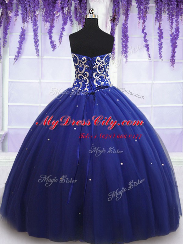 Custom Design Beading Quinceanera Gowns Royal Blue Lace Up Sleeveless Floor Length