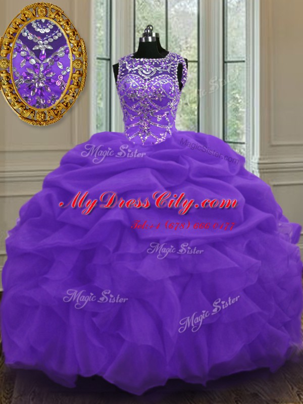 Scoop Sleeveless Organza Floor Length Lace Up Quinceanera Dress in Eggplant Purple with Beading and Pick Ups