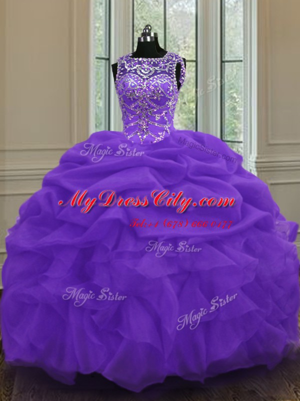 Scoop Sleeveless Organza Floor Length Lace Up Quinceanera Dress in Eggplant Purple with Beading and Pick Ups