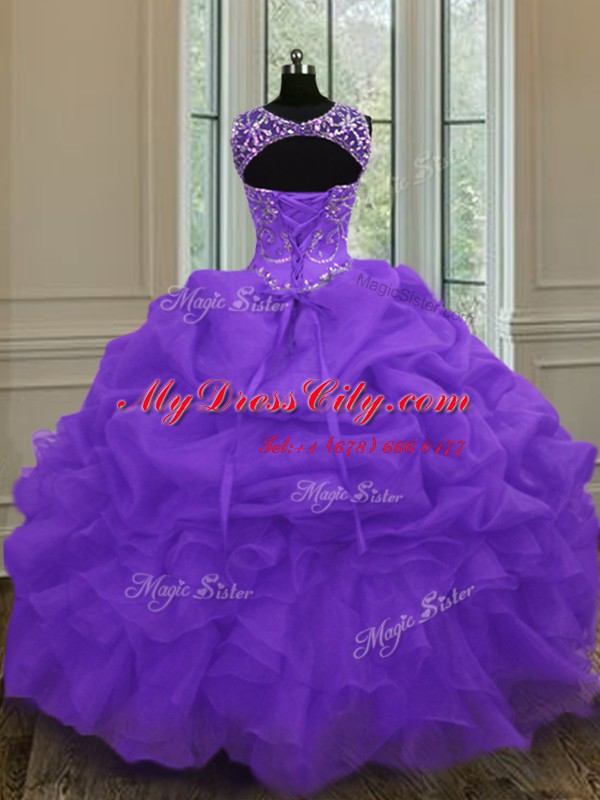 Scoop Sleeveless Organza Floor Length Lace Up Quinceanera Dress in Eggplant Purple with Beading and Pick Ups