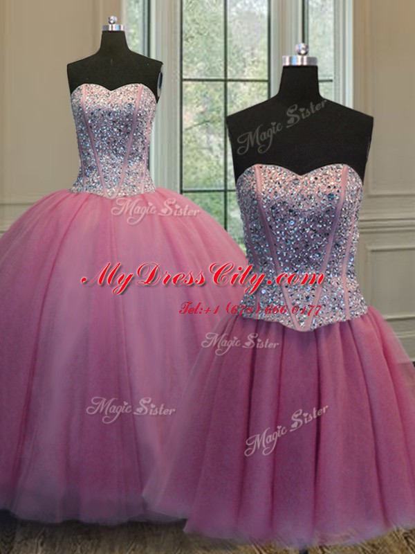 Extravagant Three Piece Rose Pink Organza Lace Up Sweetheart Sleeveless Floor Length Quinceanera Gown Beading