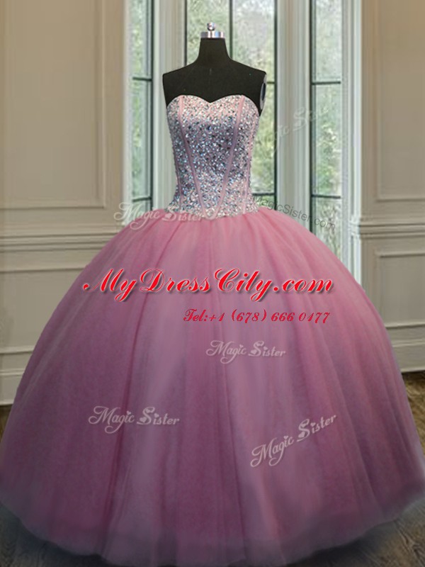 Extravagant Three Piece Rose Pink Organza Lace Up Sweetheart Sleeveless Floor Length Quinceanera Gown Beading