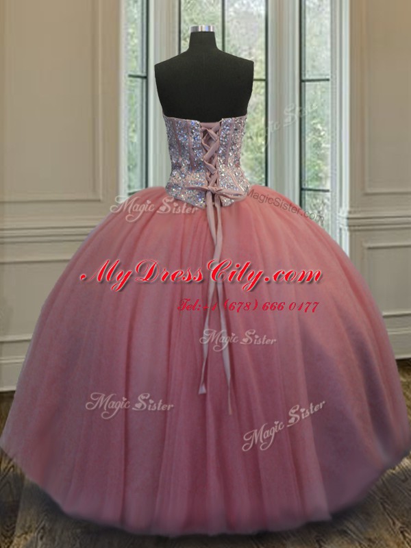 Extravagant Three Piece Rose Pink Organza Lace Up Sweetheart Sleeveless Floor Length Quinceanera Gown Beading