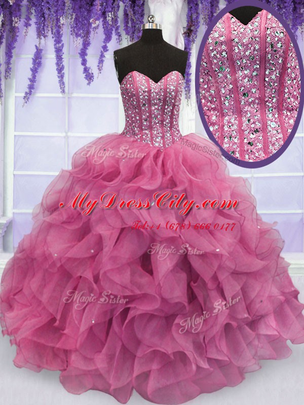 Exquisite Rose Pink Sleeveless Floor Length Beading and Ruffles Lace Up Quinceanera Dress