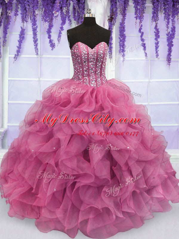 Exquisite Rose Pink Sleeveless Floor Length Beading and Ruffles Lace Up Quinceanera Dress