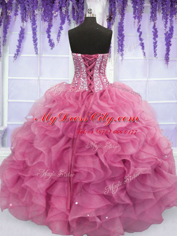 Exquisite Rose Pink Sleeveless Floor Length Beading and Ruffles Lace Up Quinceanera Dress