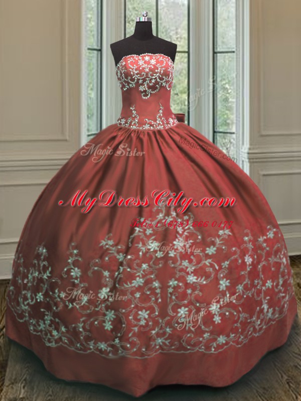 Shining Floor Length Lace Up 15 Quinceanera Dress Rust Red for Military Ball and Sweet 16 and Quinceanera with Embroidery