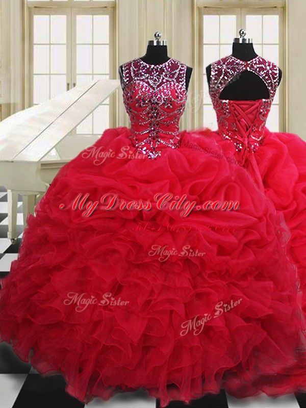 Scoop Sleeveless Floor Length Beading and Pick Ups Lace Up Quinceanera Dresses with Red