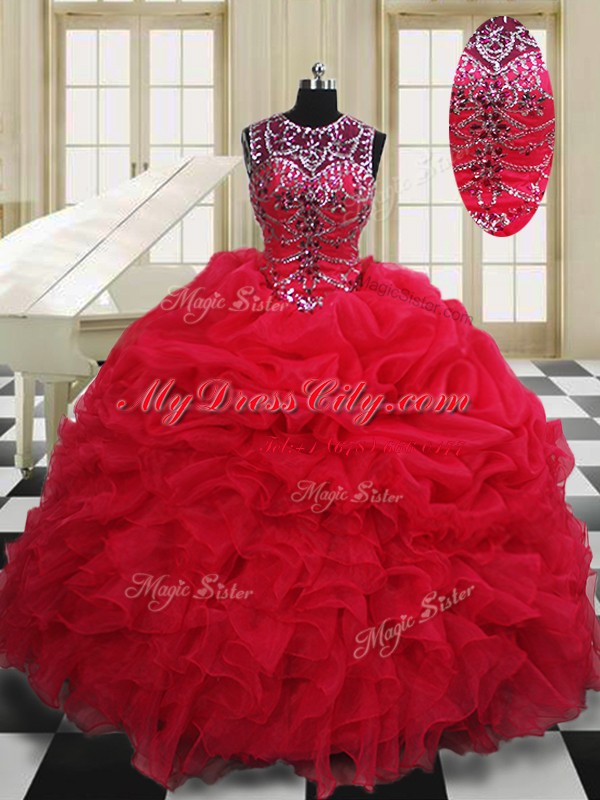 Scoop Sleeveless Floor Length Beading and Pick Ups Lace Up Quinceanera Dresses with Red