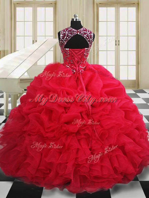 Scoop Sleeveless Floor Length Beading and Pick Ups Lace Up Quinceanera Dresses with Red