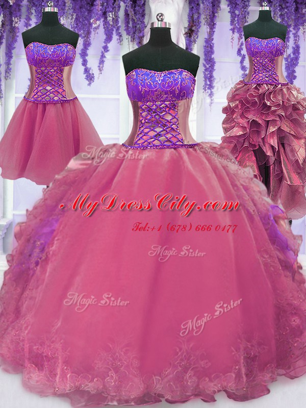 Four Piece Sleeveless Floor Length Embroidery and Ruffles Lace Up Quince Ball Gowns with Pink