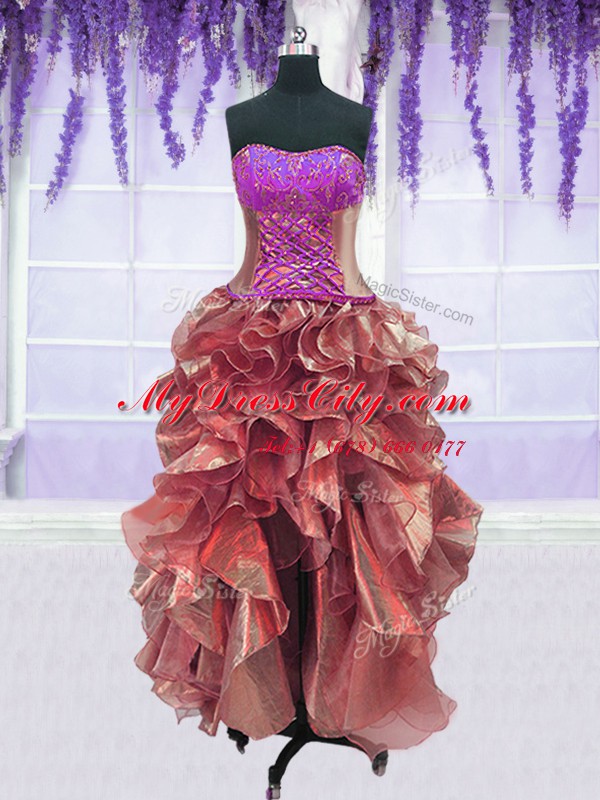 Four Piece Sleeveless Floor Length Embroidery and Ruffles Lace Up Quince Ball Gowns with Pink