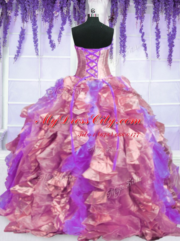 Four Piece Sleeveless Floor Length Embroidery and Ruffles Lace Up Quince Ball Gowns with Pink