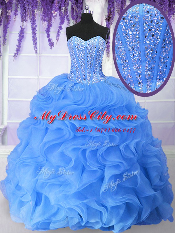 Chic Ruffles and Sequins Quinceanera Gowns Blue Lace Up Sleeveless Floor Length