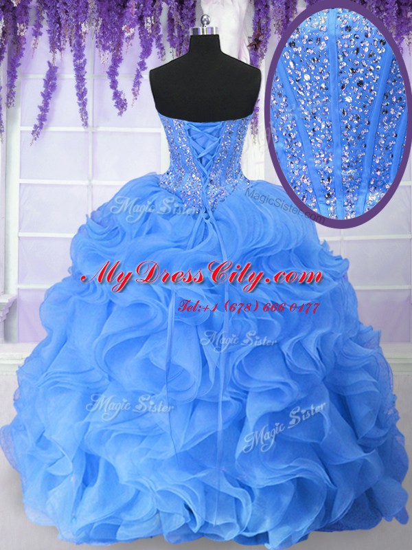 Chic Ruffles and Sequins Quinceanera Gowns Blue Lace Up Sleeveless Floor Length