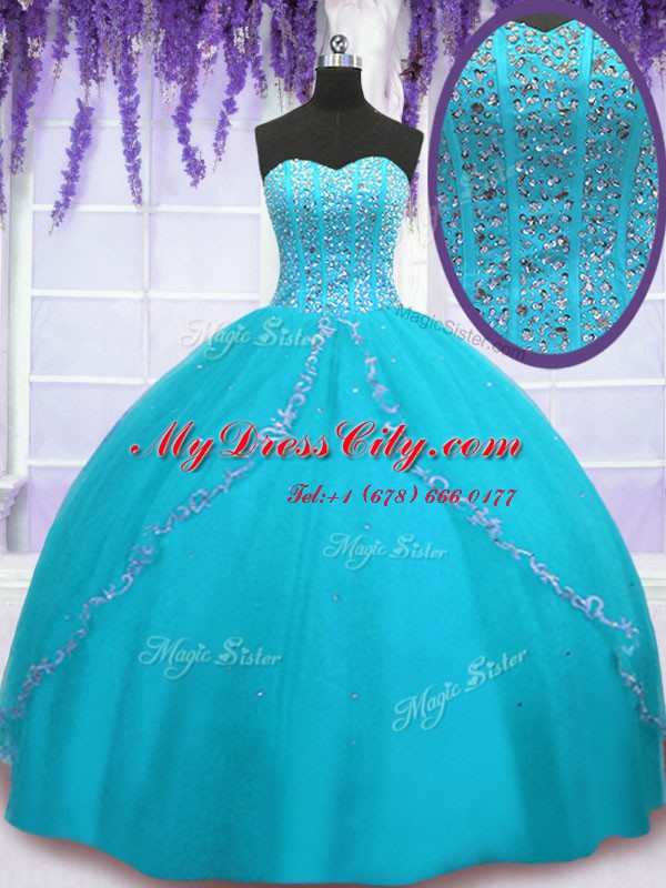 Vintage Aqua Blue Backless Sweet 16 Dress Beading and Sequins Sleeveless Floor Length