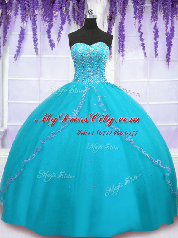 Vintage Aqua Blue Backless Sweet 16 Dress Beading and Sequins Sleeveless Floor Length