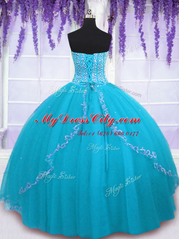 Vintage Aqua Blue Backless Sweet 16 Dress Beading and Sequins Sleeveless Floor Length