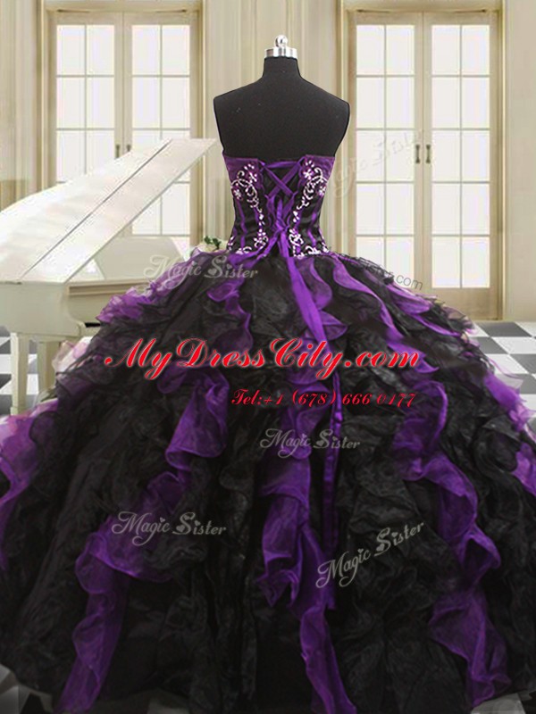 Gorgeous Sleeveless Floor Length Beading and Ruffles Lace Up Vestidos de Quinceanera with Black And Purple