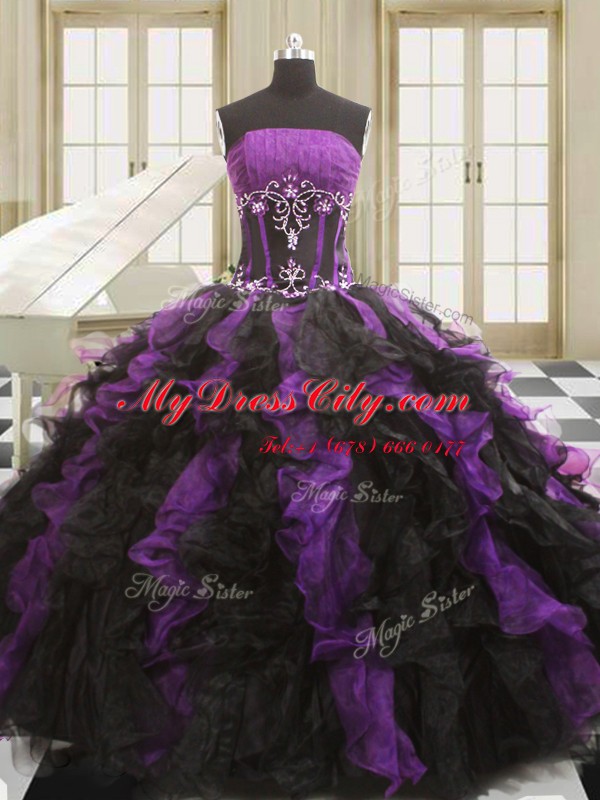 Gorgeous Sleeveless Floor Length Beading and Ruffles Lace Up Vestidos de Quinceanera with Black And Purple